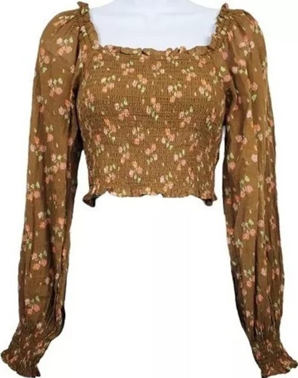 Aerie Crop Top Long Puff Sleeve Floral Print Smocked Ruffle Square Neck Brown S